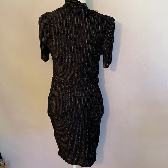 The Korner Black Silver Velvet V Keyhole Neck Dress Stretch Ribbed Bodycon - Picture 4 of 5